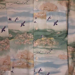 Vintage Men's Button Down Big Collar Outdoor Bird Scene Print Shirt 60's/70's